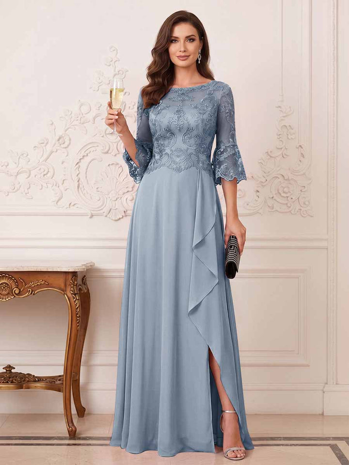 A-Line/Princess Half Sleeves Crew Neck Floor Length Mother of the Bride Dresses with Split Side &amp; Appliques