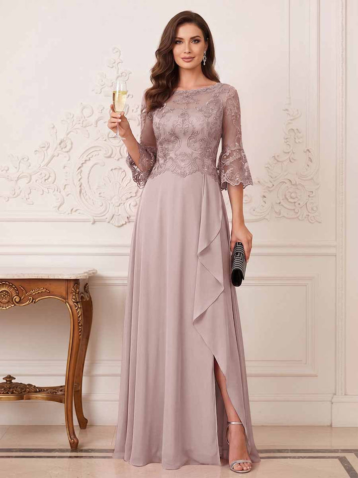 A-Line/Princess Half Sleeves Crew Neck Floor Length Mother of the Bride Dresses with Split Side &amp; Appliques