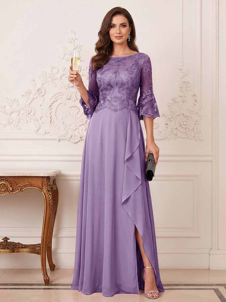 A-Line/Princess Half Sleeves Crew Neck Floor Length Mother of the Bride Dresses with Split Side &amp; Appliques