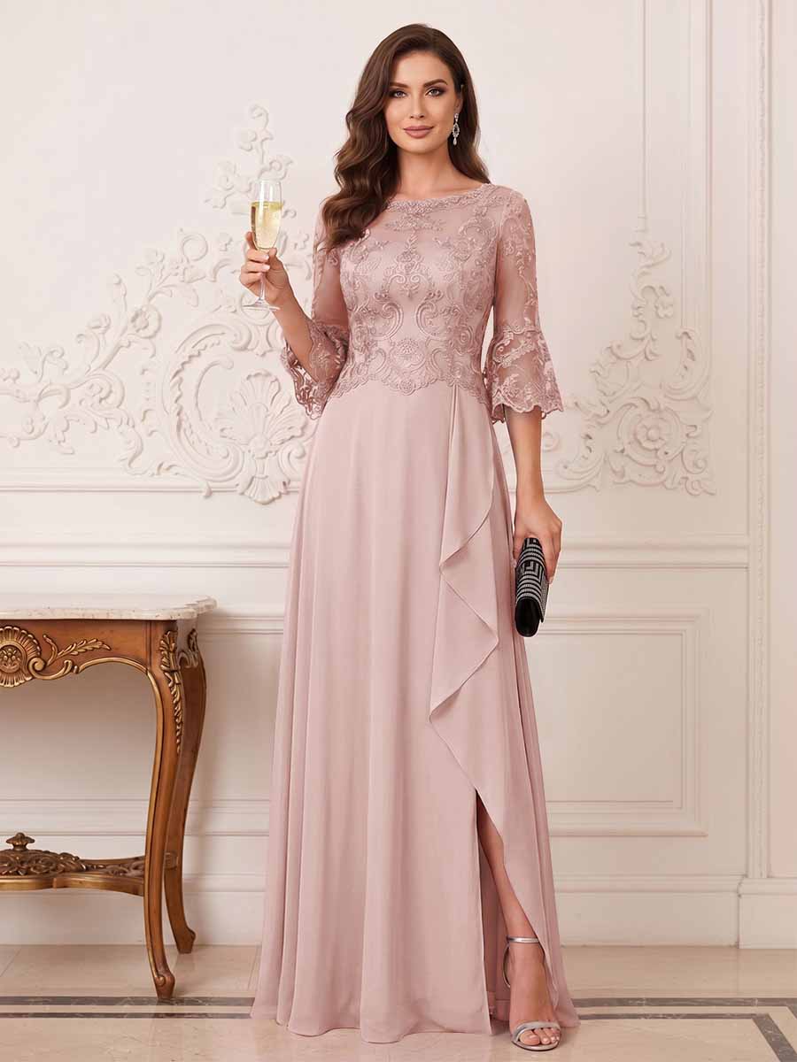 A-Line/Princess Half Sleeves Crew Neck Floor Length Mother of the Bride Dresses with Split Side &amp; Appliques