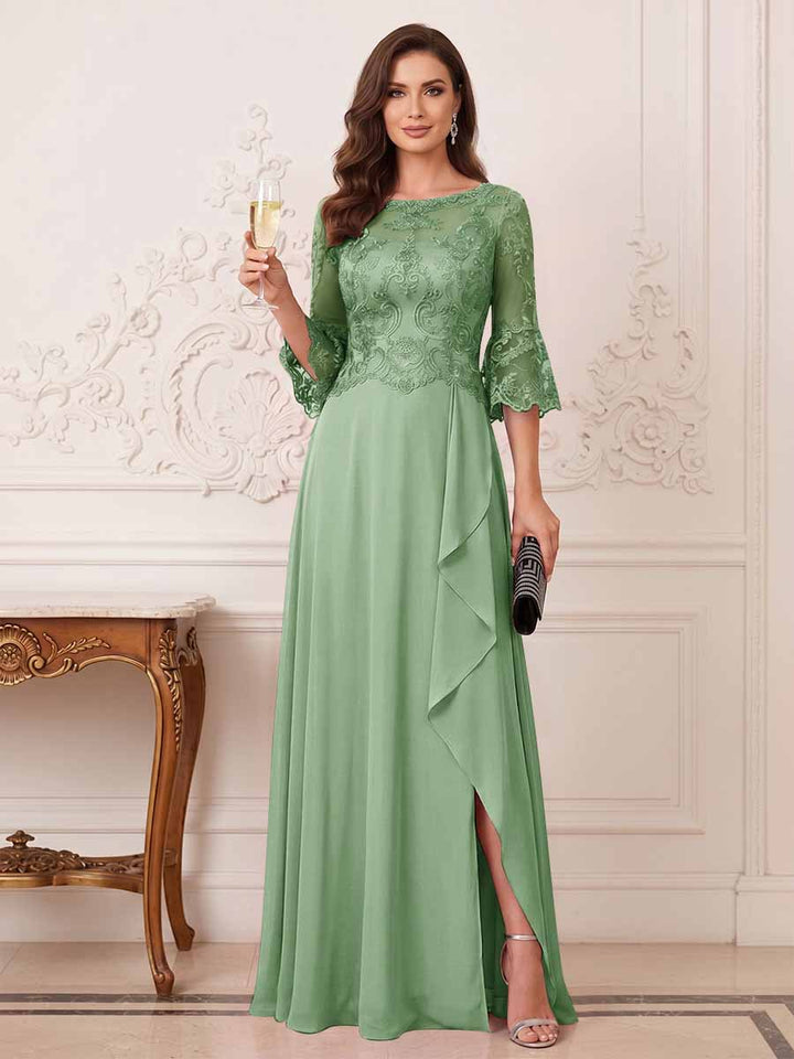 A-Line/Princess Half Sleeves Crew Neck Floor Length Mother of the Bride Dresses with Split Side &amp; Appliques