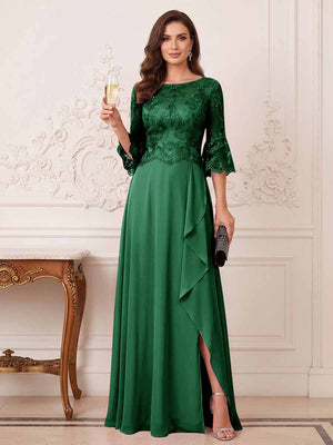A-Line/Princess Half Sleeves Crew Neck Floor Length Mother of the Bride Dresses with Split Side & Appliques