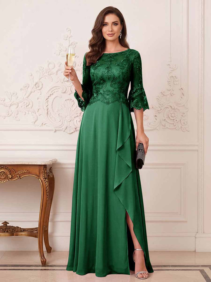 A-Line/Princess Half Sleeves Crew Neck Floor Length Mother of the Bride Dresses with Split Side &amp; Appliques