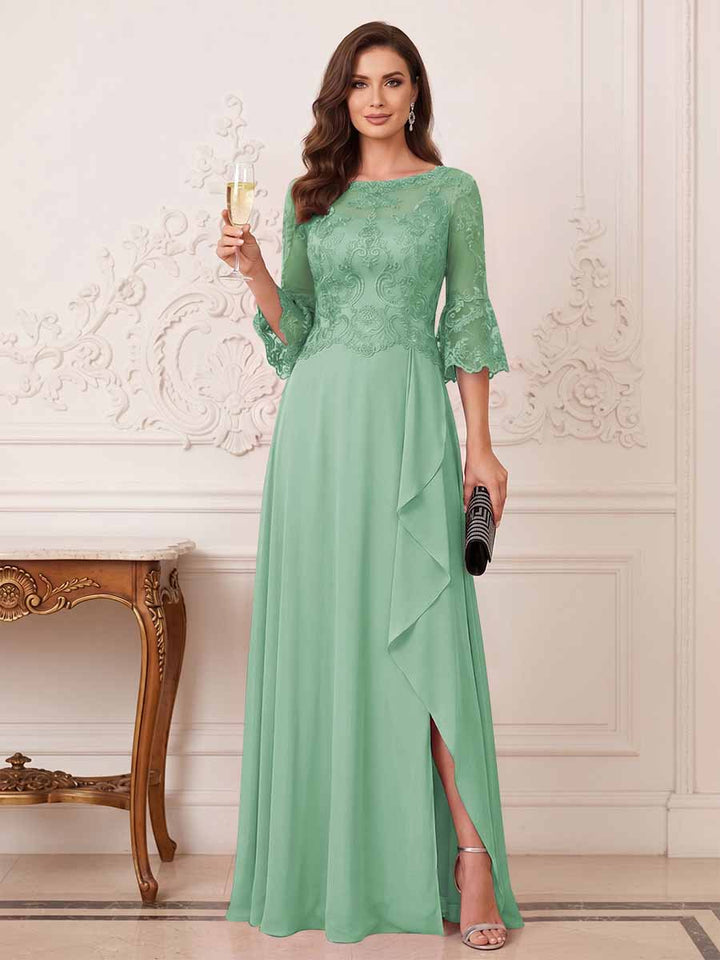 A-Line/Princess Half Sleeves Crew Neck Floor Length Mother of the Bride Dresses with Split Side &amp; Appliques