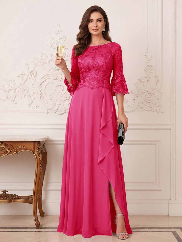 A-Line/Princess Half Sleeves Crew Neck Floor Length Mother of the Bride Dresses with Split Side &amp; Appliques