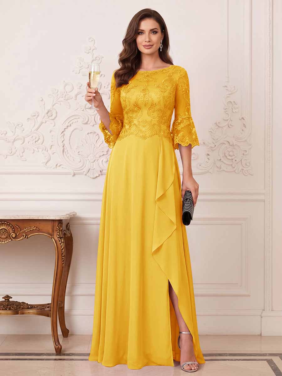 A-Line/Princess Half Sleeves Crew Neck Floor Length Mother of the Bride Dresses with Split Side &amp; Appliques