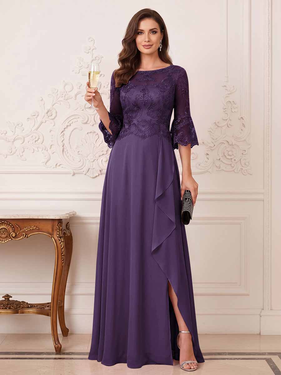 A-Line/Princess Half Sleeves Crew Neck Floor Length Mother of the Bride Dresses with Split Side &amp; Appliques