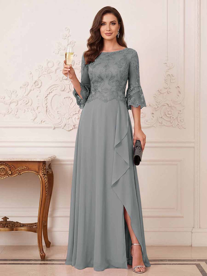 A-Line/Princess Half Sleeves Crew Neck Floor Length Mother of the Bride Dresses with Split Side &amp; Appliques