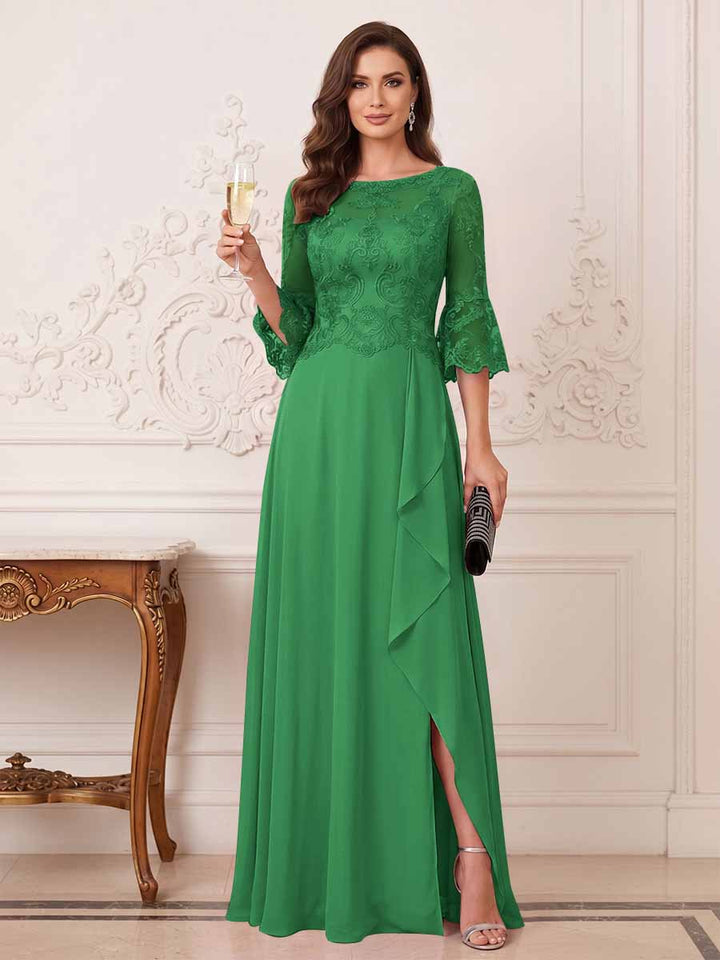 A-Line/Princess Half Sleeves Crew Neck Floor Length Mother of the Bride Dresses with Split Side &amp; Appliques