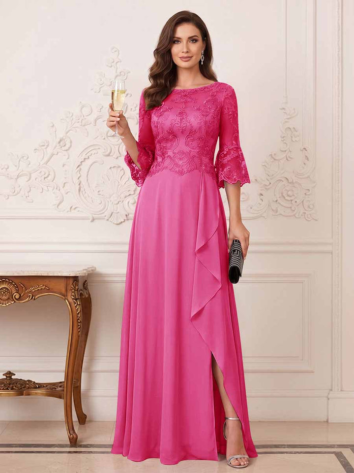A-Line/Princess Half Sleeves Crew Neck Floor Length Mother of the Bride Dresses with Split Side &amp; Appliques