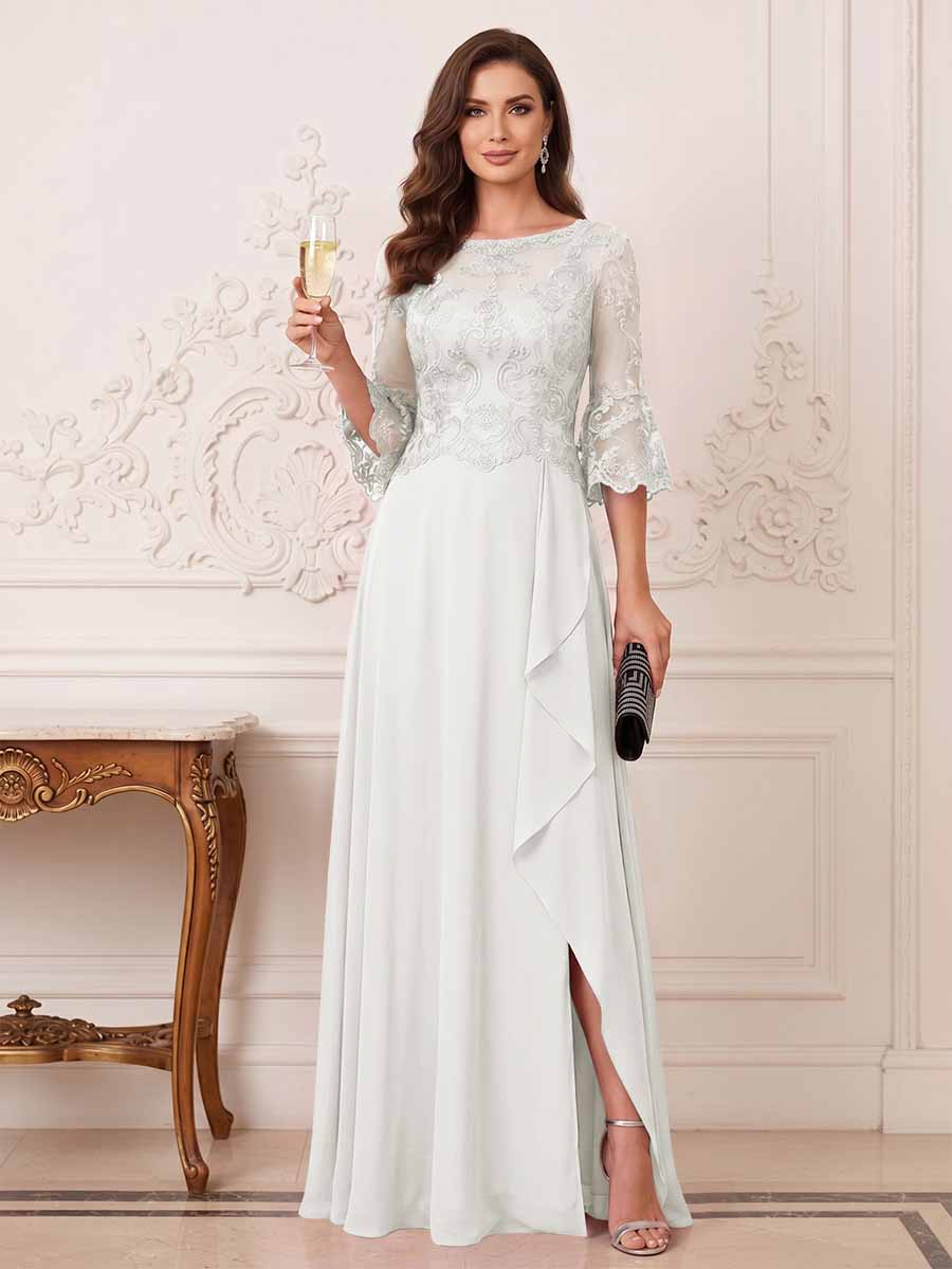A-Line/Princess Half Sleeves Crew Neck Floor Length Mother of the Bride Dresses with Split Side &amp; Appliques
