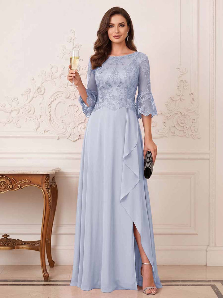 A-Line/Princess Half Sleeves Crew Neck Floor Length Mother of the Bride Dresses with Split Side &amp; Appliques