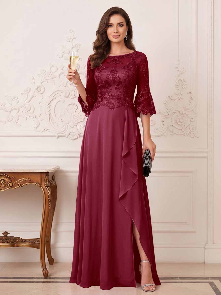 A-Line/Princess Half Sleeves Crew Neck Floor Length Mother of the Bride Dresses with Split Side &amp; Appliques