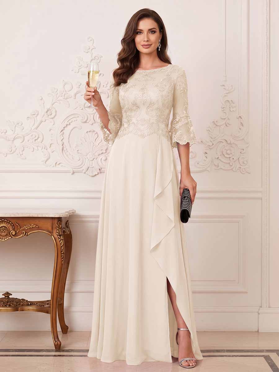 A-Line/Princess Half Sleeves Crew Neck Floor Length Mother of the Bride Dresses with Split Side &amp; Appliques