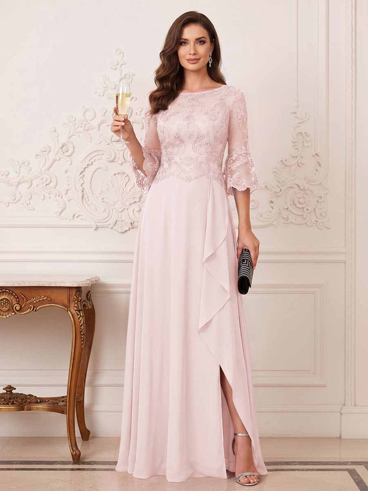 A-Line/Princess Half Sleeves Crew Neck Floor Length Mother of the Bride Dresses with Split Side &amp; Appliques