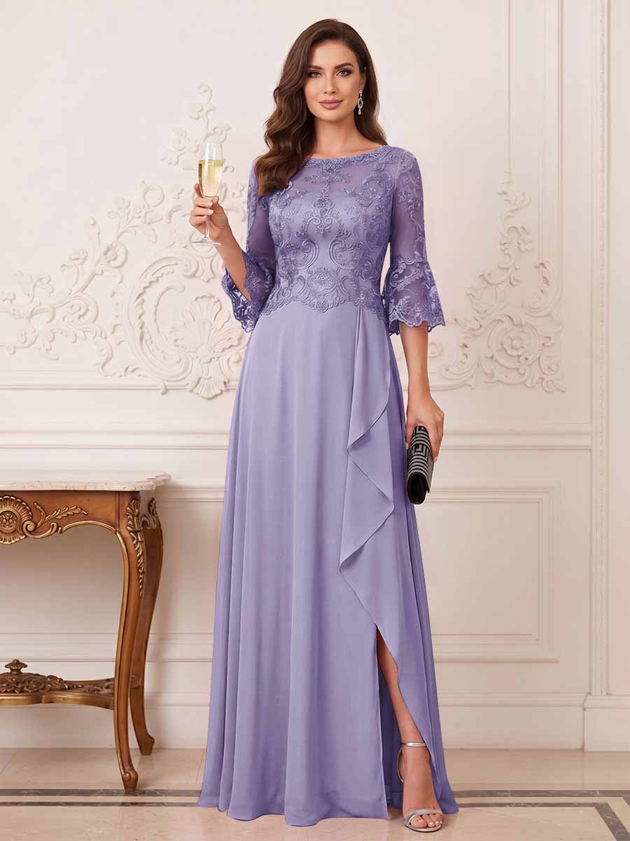 A-Line/Princess Half Sleeves Crew Neck Floor Length Mother of the Bride Dresses with Split Side &amp; Appliques
