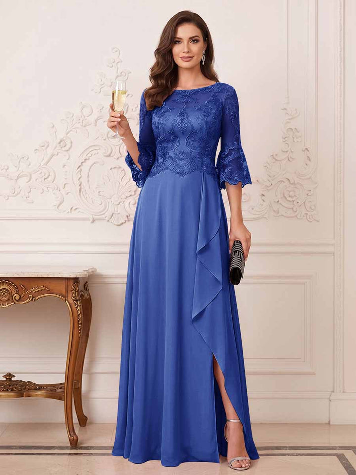 A-Line/Princess Half Sleeves Crew Neck Floor Length Mother of the Bride Dresses with Split Side &amp; Appliques