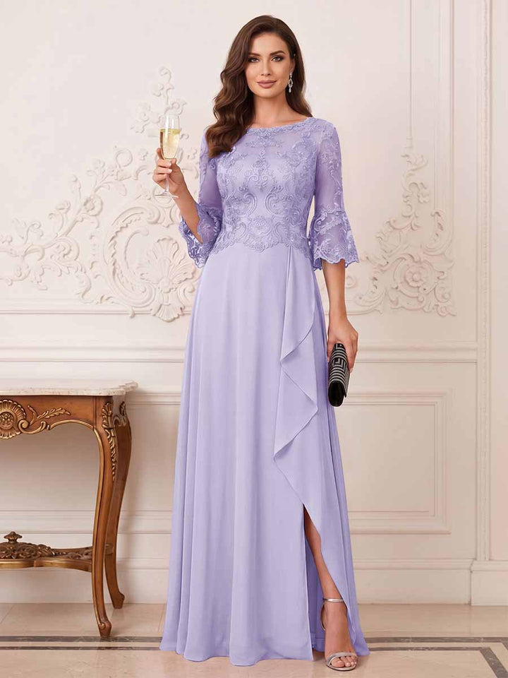 A-Line/Princess Half Sleeves Crew Neck Floor Length Mother of the Bride Dresses with Split Side &amp; Appliques