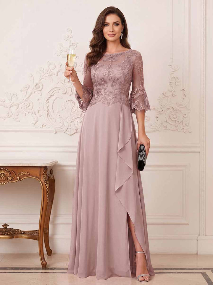 A-Line/Princess Half Sleeves Crew Neck Floor Length Mother of the Bride Dresses with Split Side &amp; Appliques