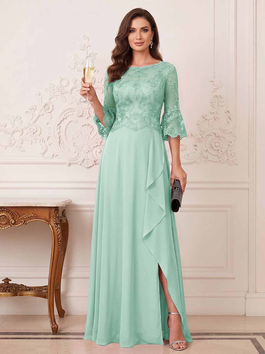 A-Line/Princess Half Sleeves Crew Neck Floor Length Mother of the Bride Dresses with Split Side &amp; Appliques