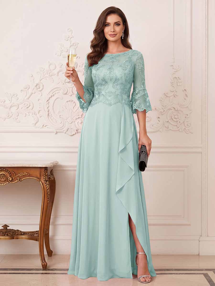 A-Line/Princess Half Sleeves Crew Neck Floor Length Mother of the Bride Dresses with Split Side &amp; Appliques