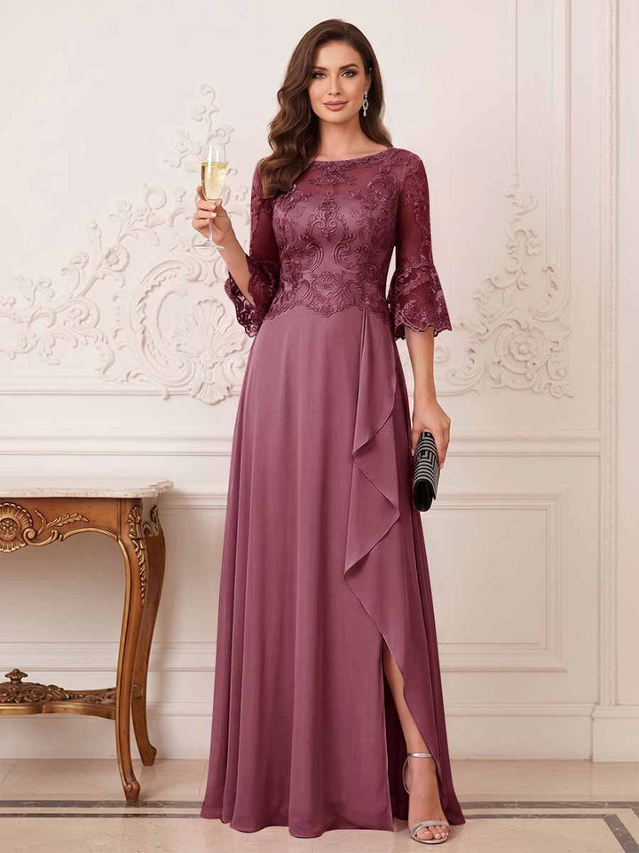 A-Line/Princess Half Sleeves Crew Neck Floor Length Mother of the Bride Dresses with Split Side &amp; Appliques