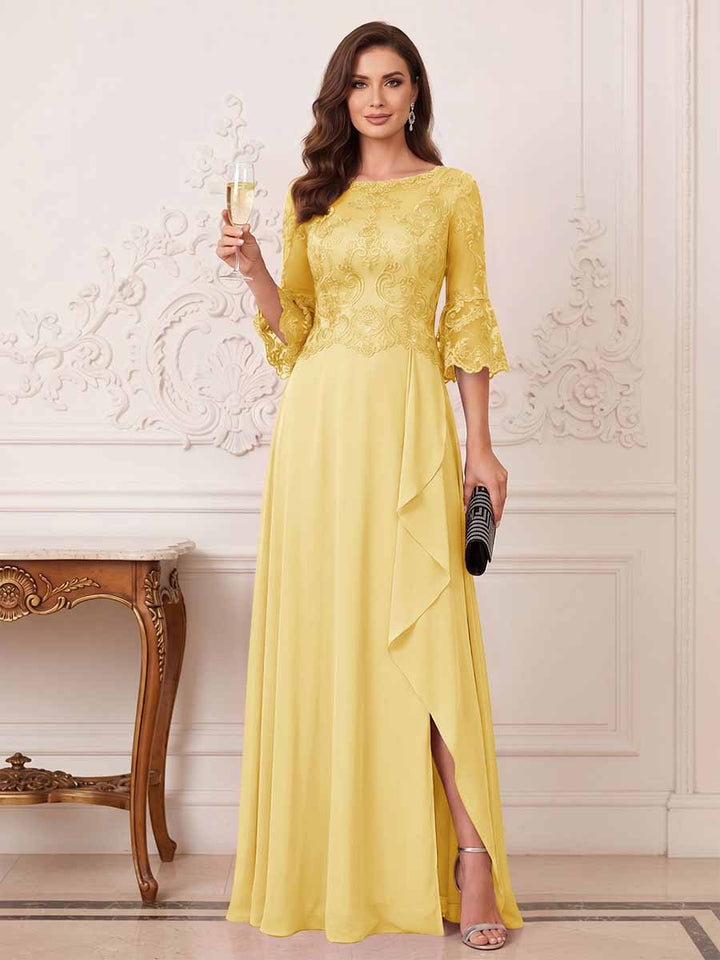 A-Line/Princess Half Sleeves Crew Neck Floor Length Mother of the Bride Dresses with Split Side &amp; Appliques