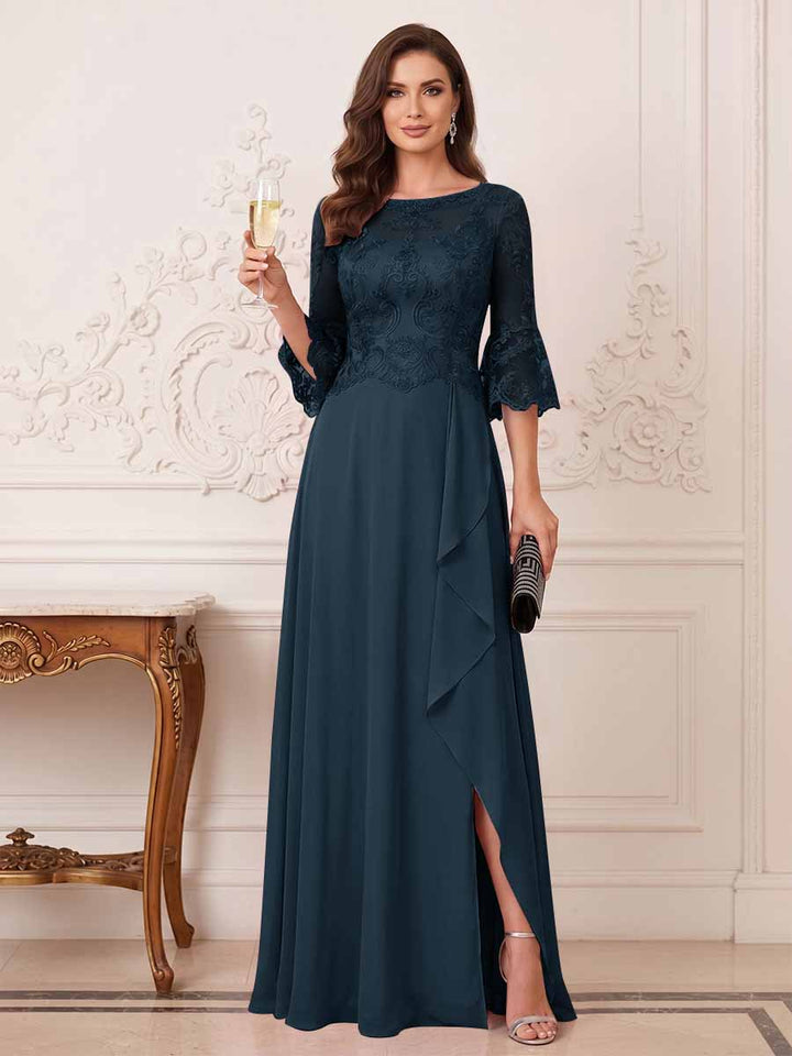A-Line/Princess Half Sleeves Crew Neck Floor Length Mother of the Bride Dresses with Split Side &amp; Appliques