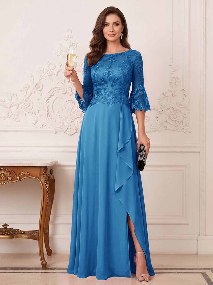 A-Line/Princess Half Sleeves Crew Neck Floor Length Mother of the Bride Dresses with Split Side &amp; Appliques