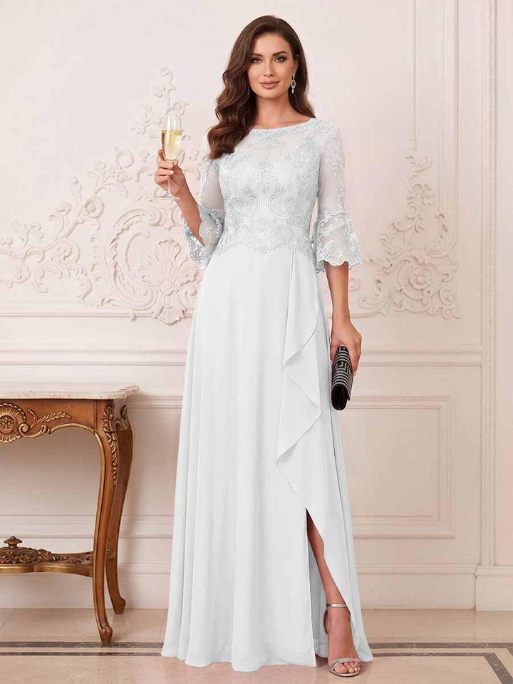 A-Line/Princess Half Sleeves Crew Neck Floor Length Mother of the Bride Dresses with Split Side &amp; Appliques