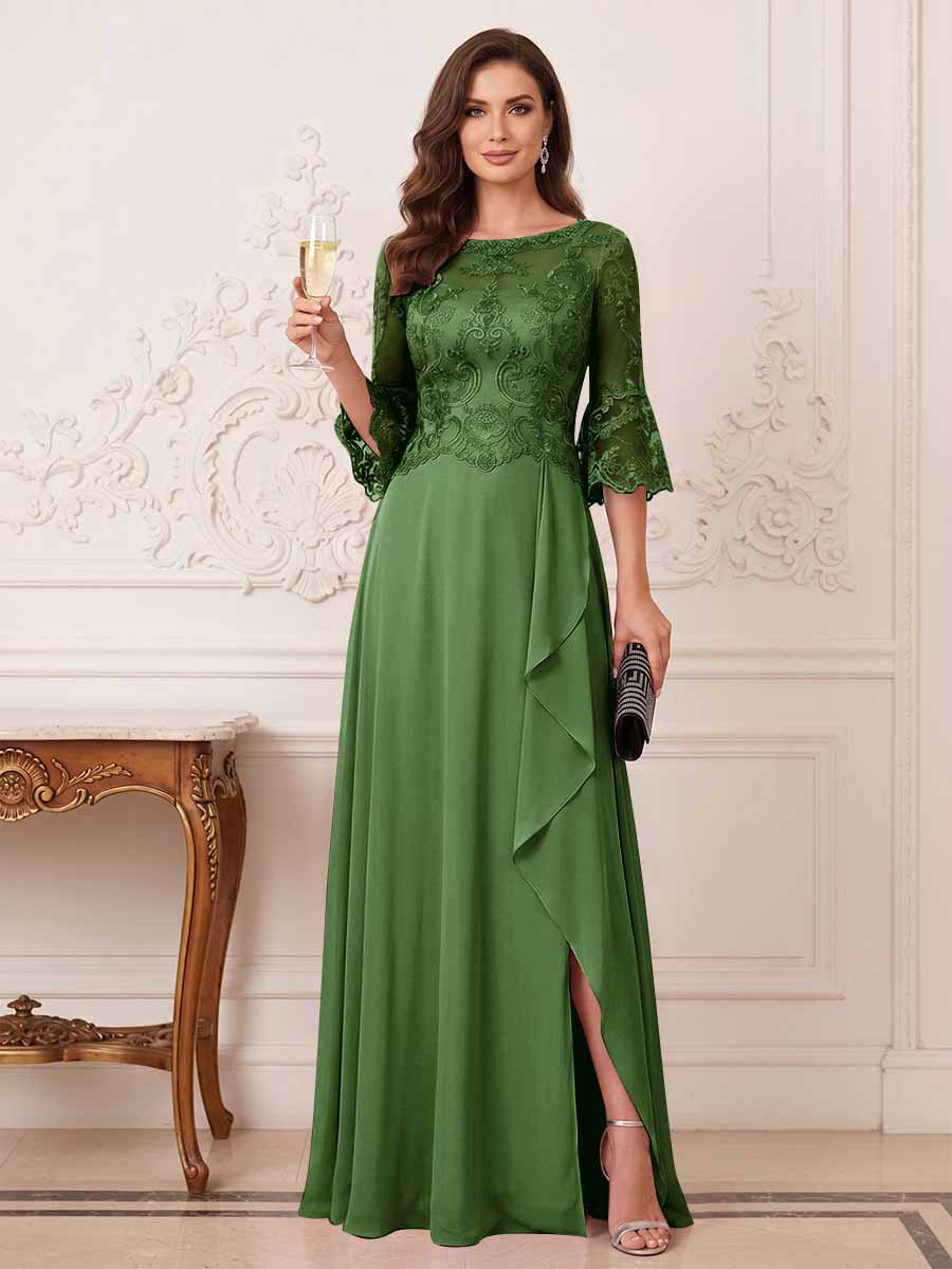A-Line/Princess Half Sleeves Crew Neck Floor Length Mother of the Bride Dresses with Split Side &amp; Appliques