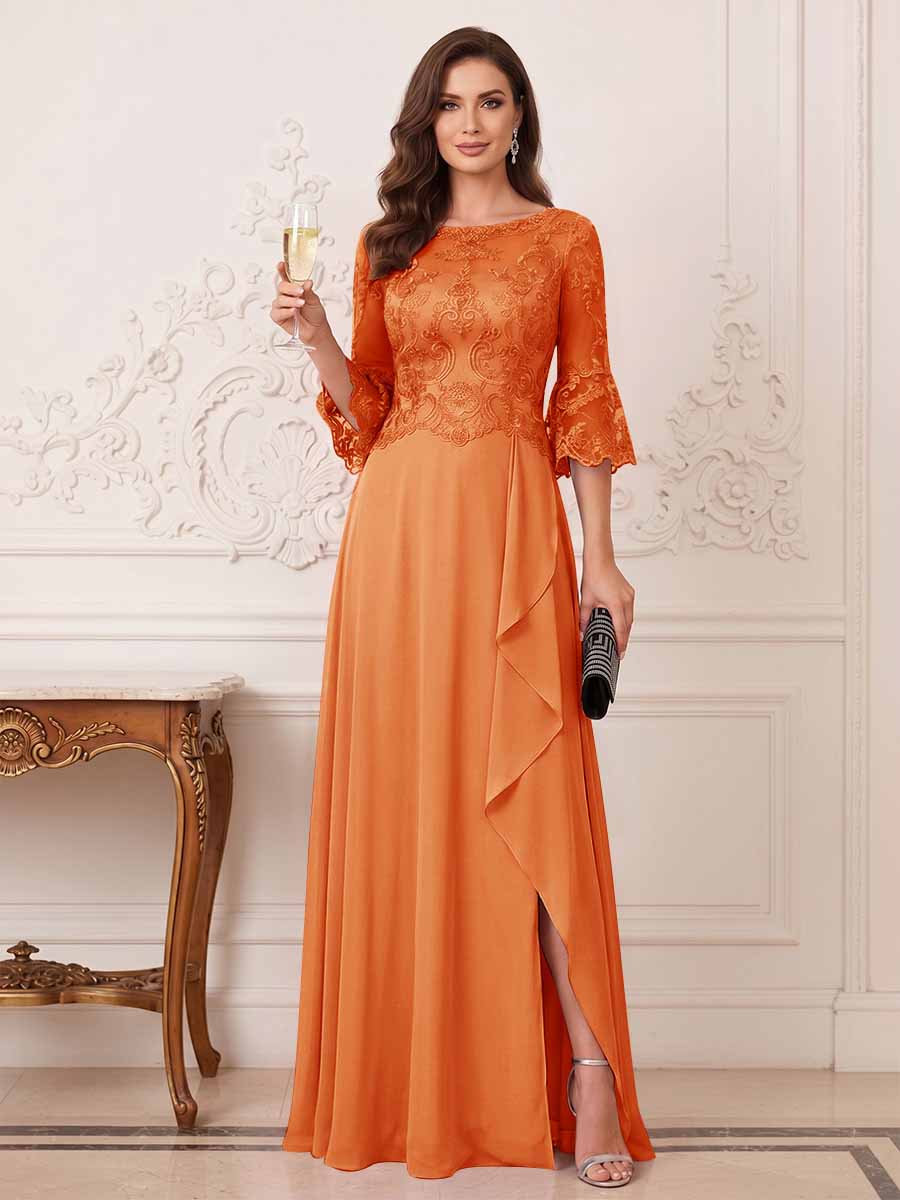 A-Line/Princess Half Sleeves Crew Neck Floor Length Mother of the Bride Dresses with Split Side &amp; Appliques