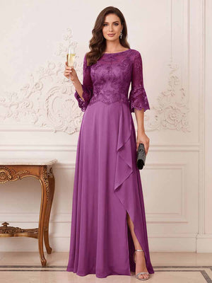 A-Line/Princess Half Sleeves Crew Neck Floor Length Mother of the Bride Dresses with Split Side & Appliques