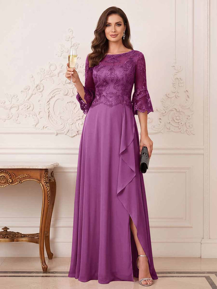 A-Line/Princess Half Sleeves Crew Neck Floor Length Mother of the Bride Dresses with Split Side &amp; Appliques