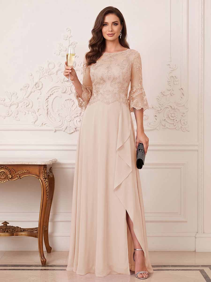 A-Line/Princess Half Sleeves Crew Neck Floor Length Mother of the Bride Dresses with Split Side &amp; Appliques