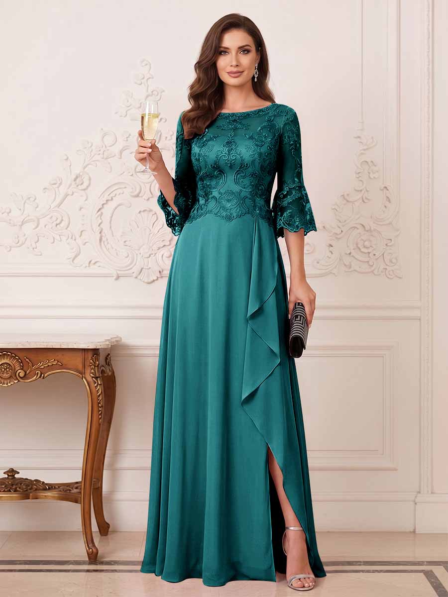 A-Line/Princess Half Sleeves Crew Neck Floor Length Mother of the Bride Dresses with Split Side &amp; Appliques