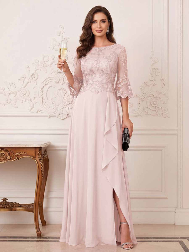 A-Line/Princess Half Sleeves Crew Neck Floor Length Mother of the Bride Dresses with Split Side &amp; Appliques