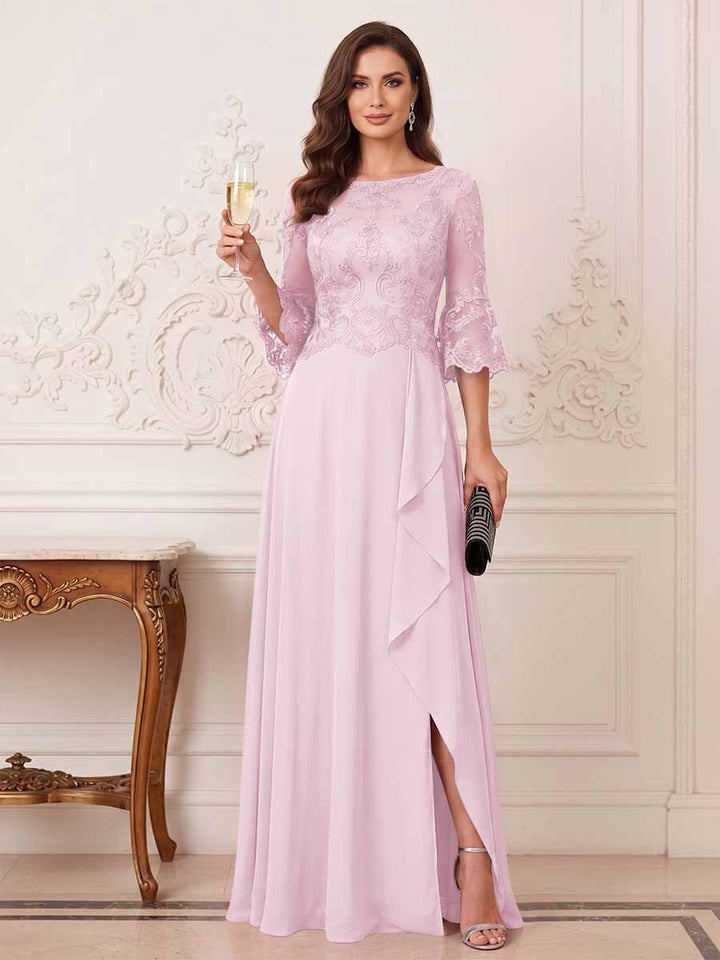 A-Line/Princess Half Sleeves Crew Neck Floor Length Mother of the Bride Dresses with Split Side &amp; Appliques