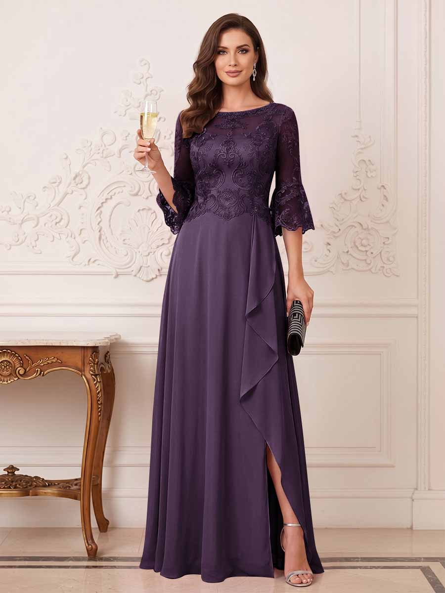 A-Line/Princess Half Sleeves Crew Neck Floor Length Mother of the Bride Dresses with Split Side &amp; Appliques