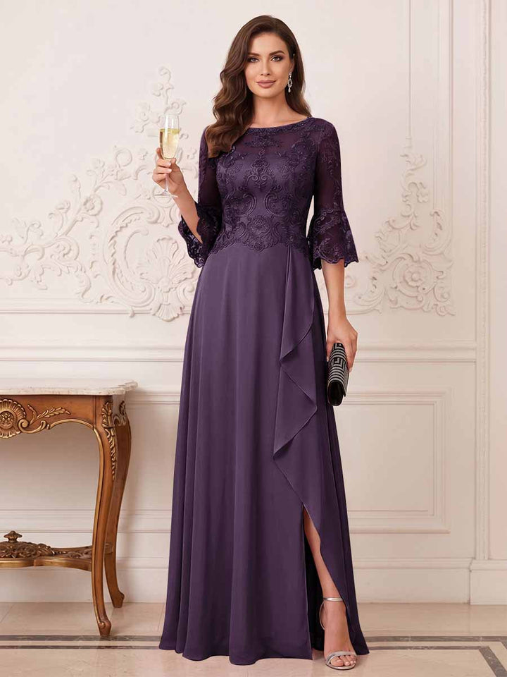 A-Line/Princess Half Sleeves Crew Neck Floor Length Mother of the Bride Dresses with Split Side &amp; Appliques