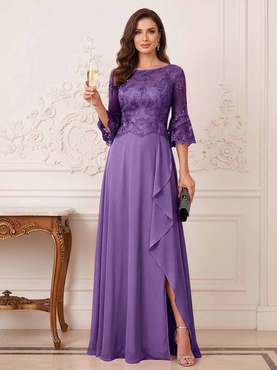 A-Line/Princess Half Sleeves Crew Neck Floor Length Mother of the Bride Dresses with Split Side & Appliques
