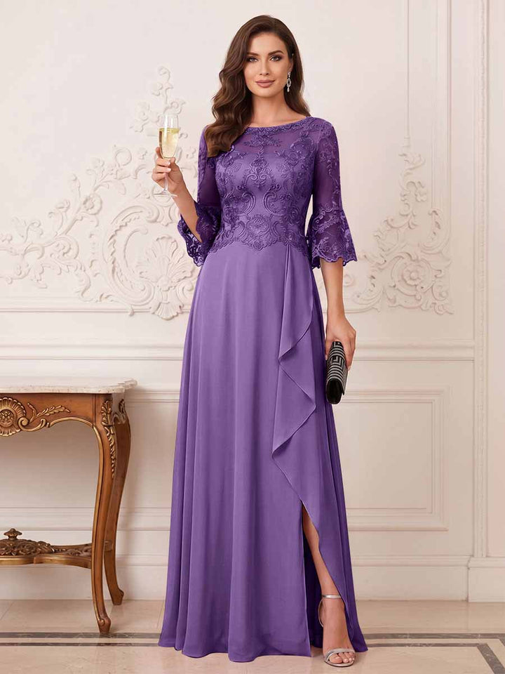 A-Line/Princess Half Sleeves Crew Neck Floor Length Mother of the Bride Dresses with Split Side &amp; Appliques