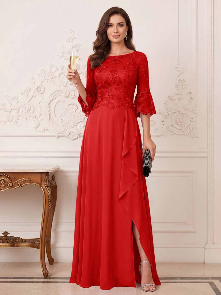 A-Line/Princess Half Sleeves Crew Neck Floor Length Mother of the Bride Dresses with Split Side &amp; Appliques