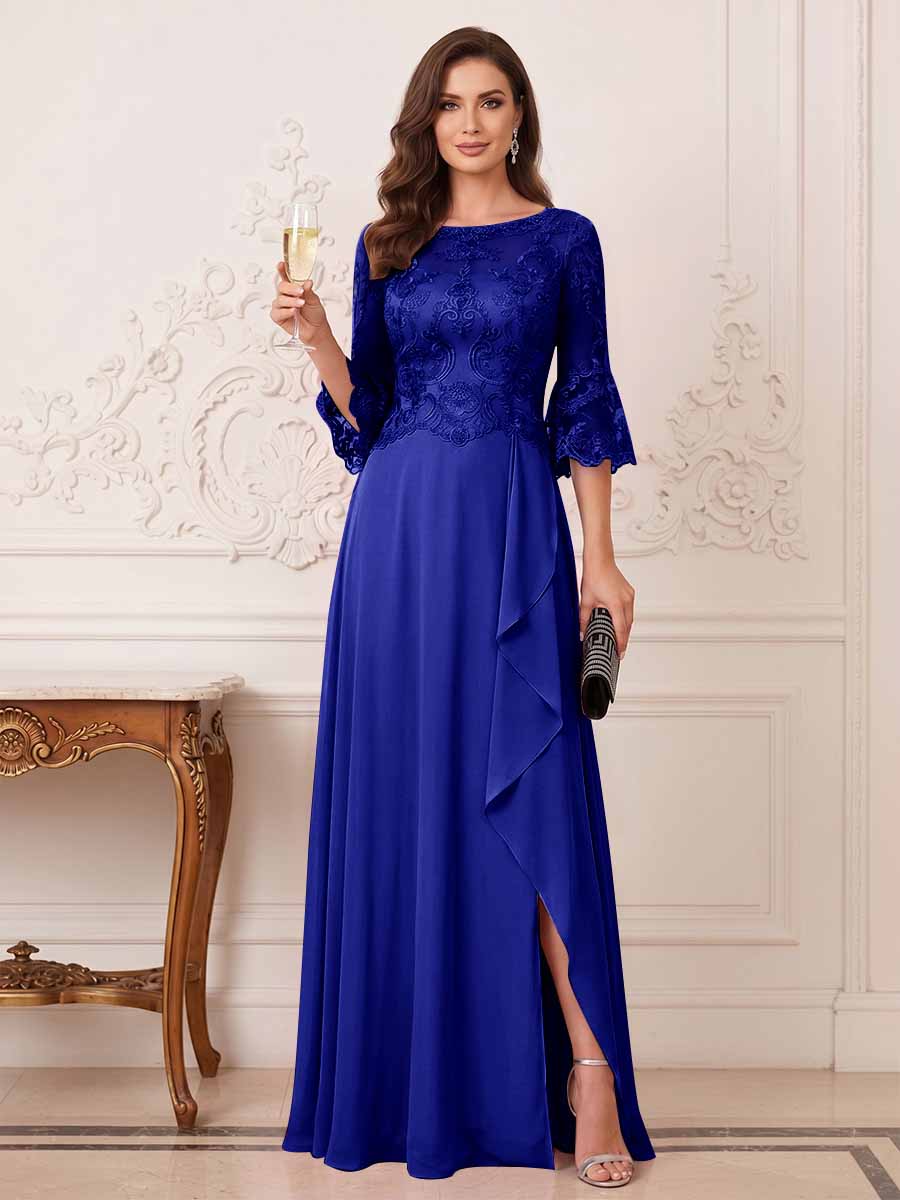 A-Line/Princess Half Sleeves Crew Neck Floor Length Mother of the Bride Dresses with Split Side &amp; Appliques