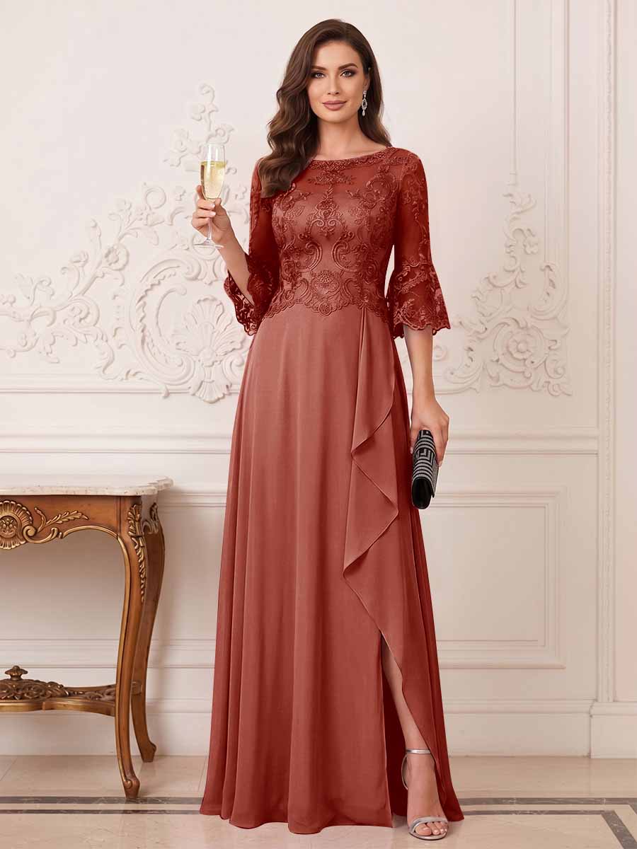 A-Line/Princess Half Sleeves Crew Neck Floor Length Mother of the Bride Dresses with Split Side & Appliques