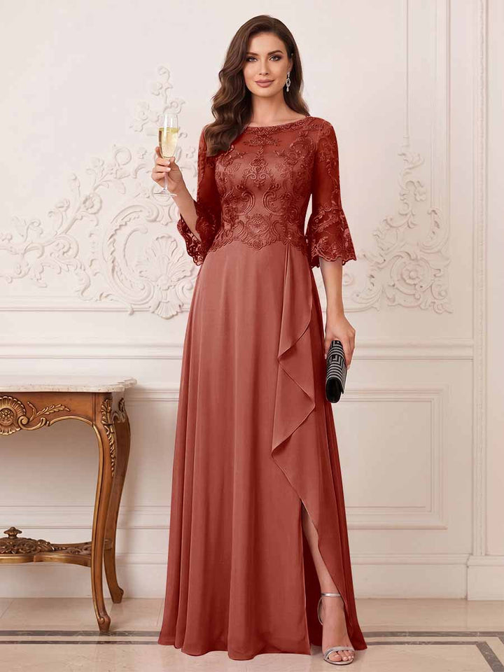 A-Line/Princess Half Sleeves Crew Neck Floor Length Mother of the Bride Dresses with Split Side &amp; Appliques