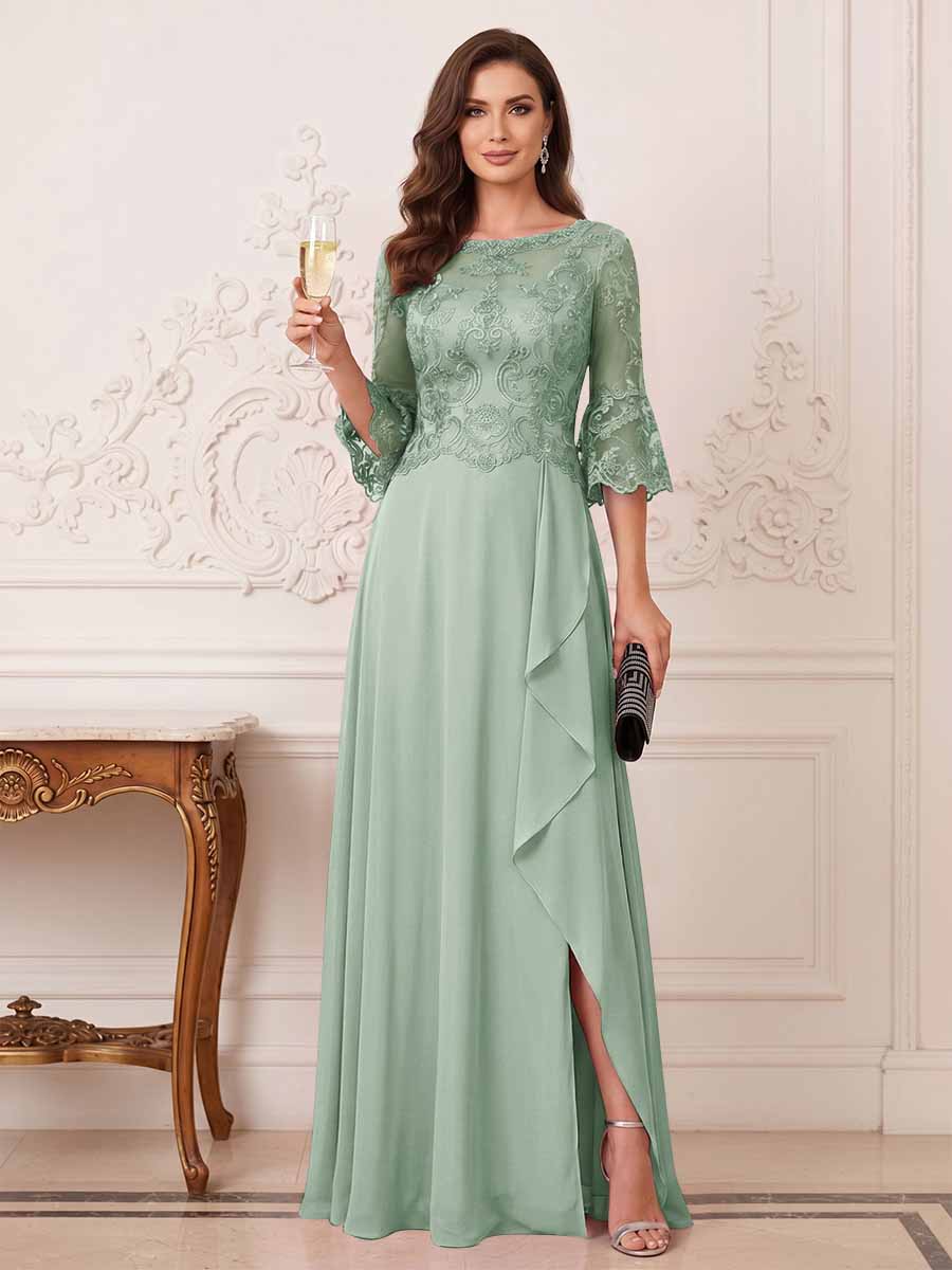 A-Line/Princess Half Sleeves Crew Neck Floor Length Mother of the Bride Dresses with Split Side & Appliques
