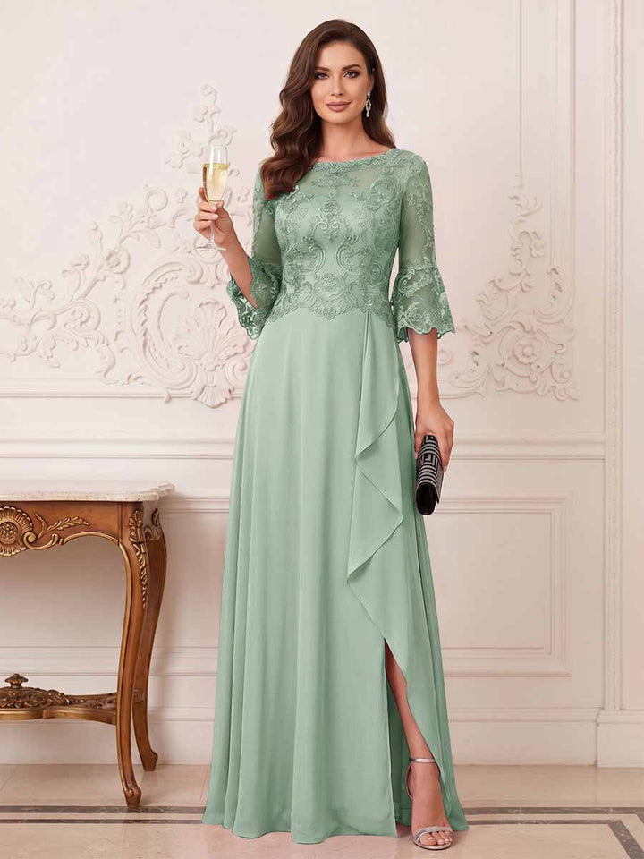 A-Line/Princess Half Sleeves Crew Neck Floor Length Mother of the Bride Dresses with Split Side &amp; Appliques