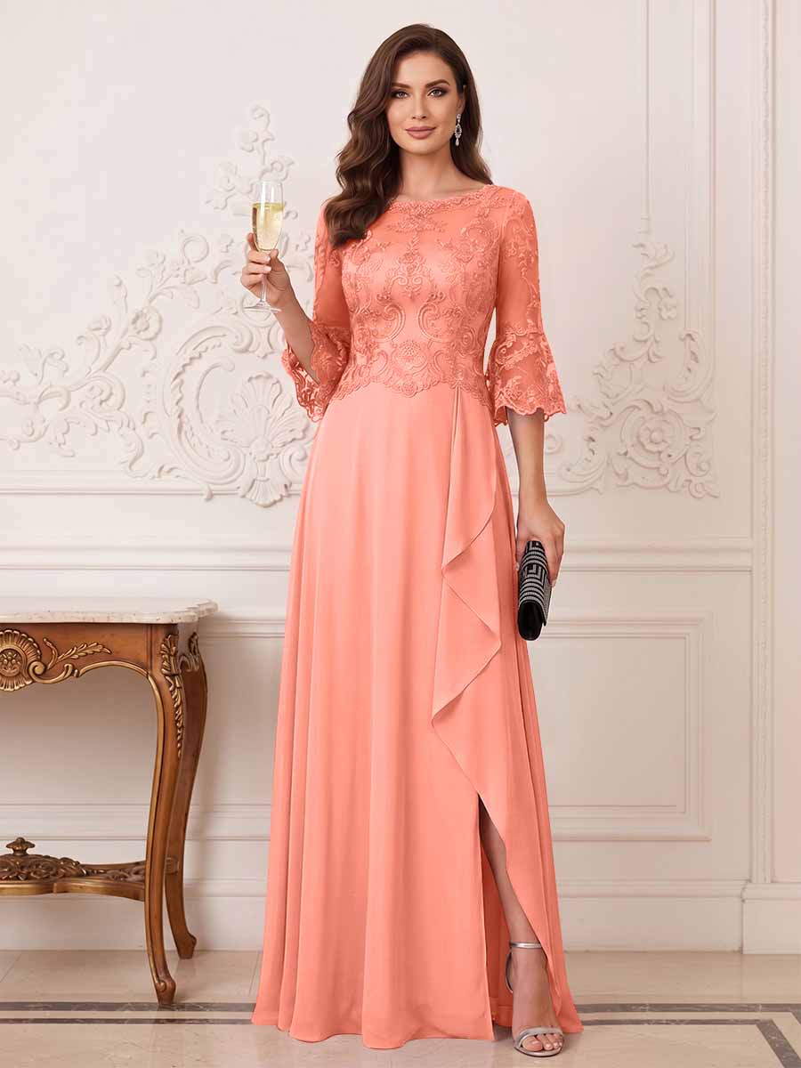 A-Line/Princess Half Sleeves Crew Neck Floor Length Mother of the Bride Dresses with Split Side &amp; Appliques