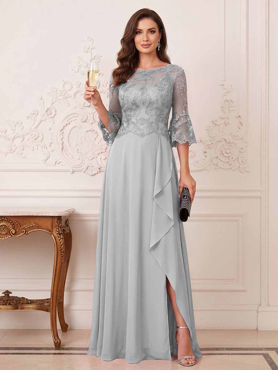 A-Line/Princess Half Sleeves Crew Neck Floor Length Mother of the Bride Dresses with Split Side &amp; Appliques